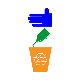 The Sustainability & Environment icon carefully highlights the act of cleanliness, with a blue hand throwing a green bottle in an orange bin.